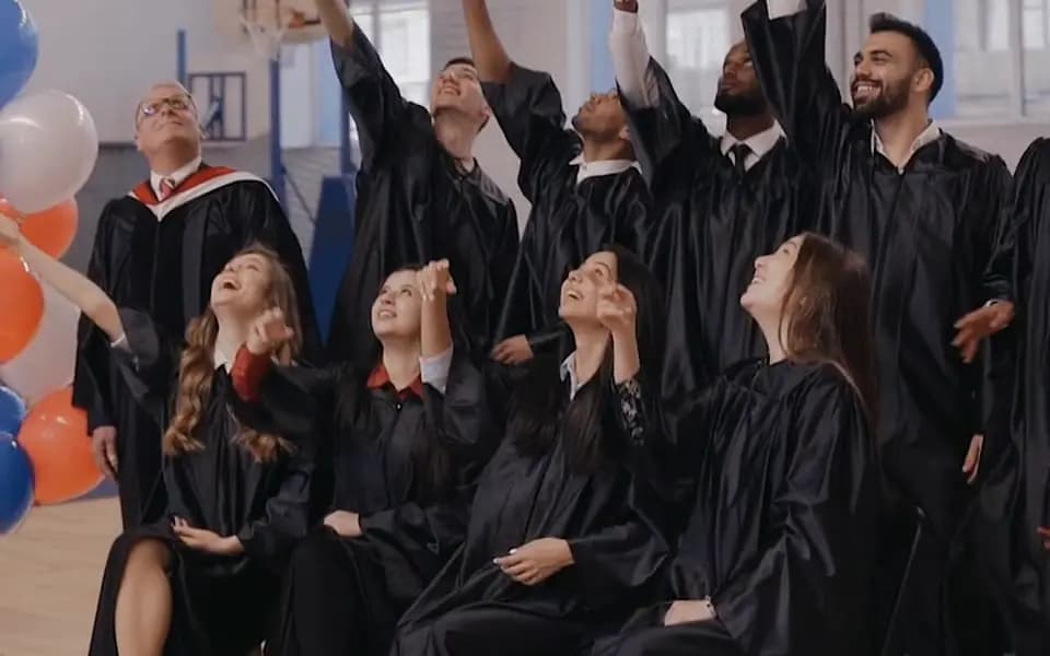 Graduates in gowns throwing their caps in the air